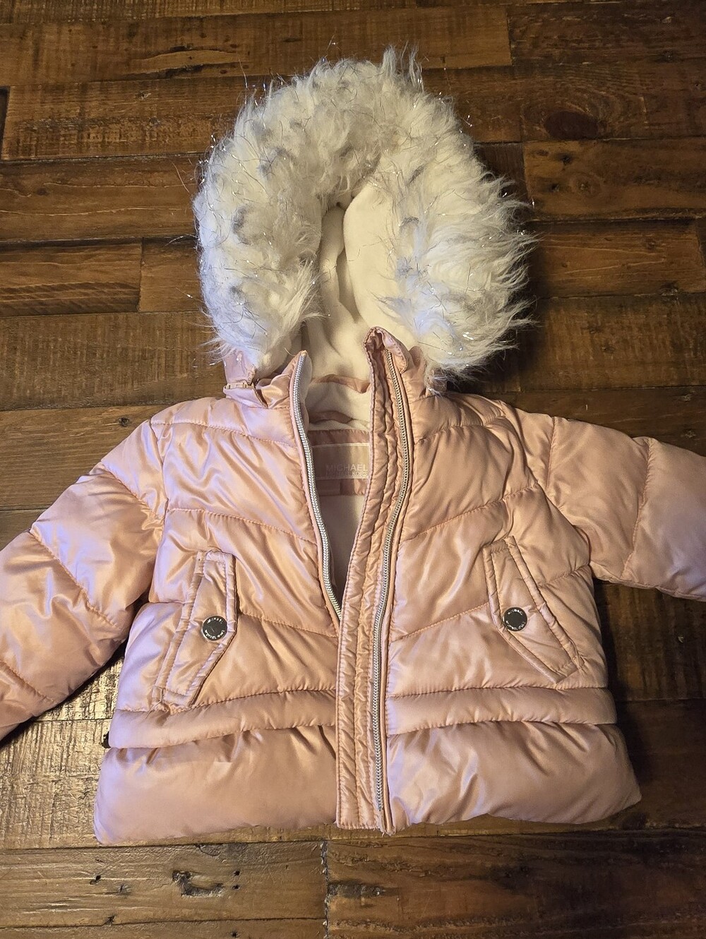 MK Pink Puffer Hooded Baby Jacket with Faux Fur Trim